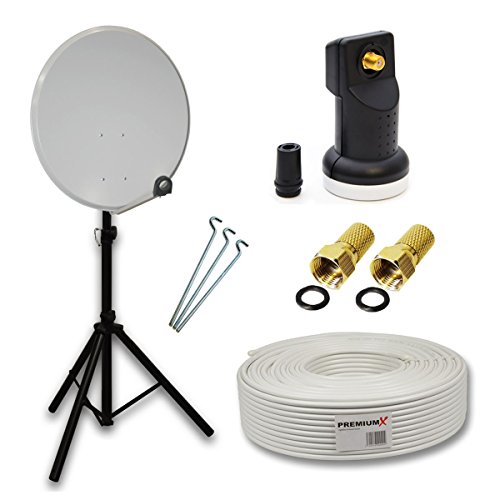 Premium X Camping Sat Anlage 45cm Satelliten-Schüssel Antenne Single LNB 4K 10m Kabel 2X F-Stecker Dreibein Stativ Schwarz Wohnwagen von Premium X