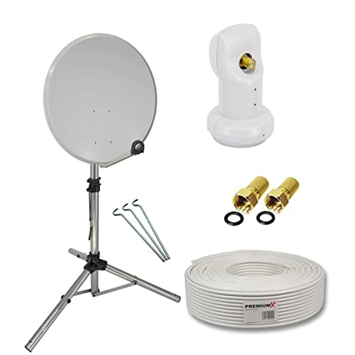 Premium X Camping Satelliten-Komplettanlage 45cm Satelliten-Schüssel SAT Single LNB Ständer Dreibein-Stativ 10m Kabel 2X F-Stecker von Premium X