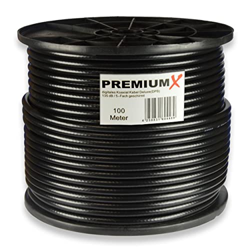 Premium X Deluxe PRO 100m Koaxial Kabel SCHWARZ 135 dB 5-Fach geschirmt reines Kupfer SAT Antennenkabel 100 m (0,52EUR/M) von Premium X