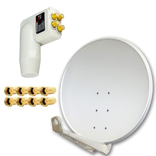 Premium X Deluxe SAT Anlage für 4 Teilnehmer 100cm Satellitenantenne ALU Hellgrau mit Quad LNB inkl. 8X F-Stecker von Premium X