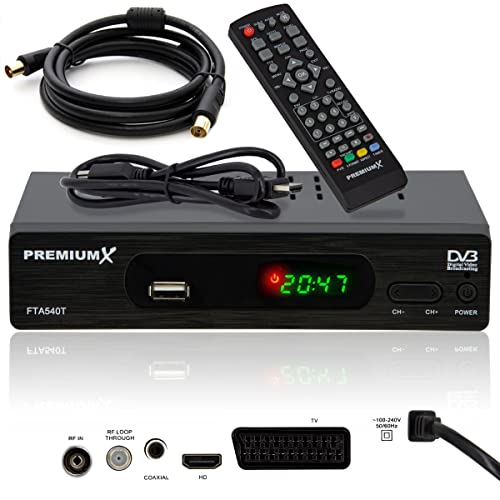 Premium X FTA 540T Full HD Digitaler DVB-T2 terrestrischer TV Receiver H.265 HEVC | USB Mediaplayer SCART HDMI Antennenkabel | Auto Installation von Premium X