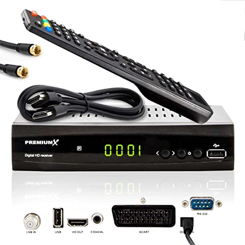 Premium X HD 521 FTA Digital SAT Receiver DVB-S2 FullHD HDTV Satelliten Empfänger HDMI SCART USB Mediaplayer Antennenkabel, Vorprogrammiert von Premium X