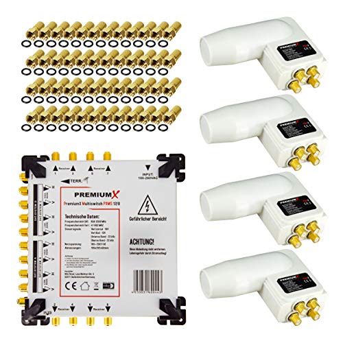 Premium X Multischalter Set 17/8 Multiswitch 4X Quattro 3° Multifeed LNB 48x F-Stecker, Satverteiler 4 SAT für 8 Teilnehmer von Premium X