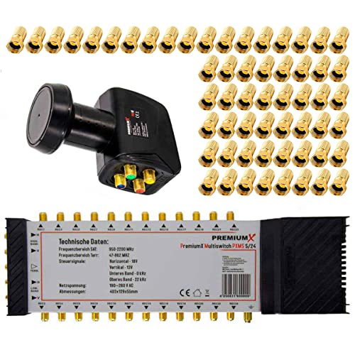 Premium X Multischalter Set 5/24 Multiswitch Quattro LNB 56x F-Stecker, Satverteiler 1 SAT für 24 Teilnehmer HDTV FullHD 4K UHD 8K von Premium X