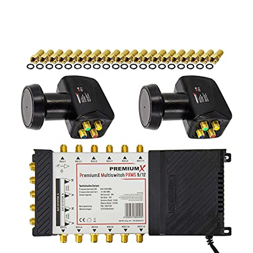 Premium X Multischalter Set 9/12 Multiswitch 2X Quattro LNB 40x F-Stecker, Satverteiler 2 SAT für 12 Teilnehmer HDTV FullHD 4K UHD 8K von Premium X