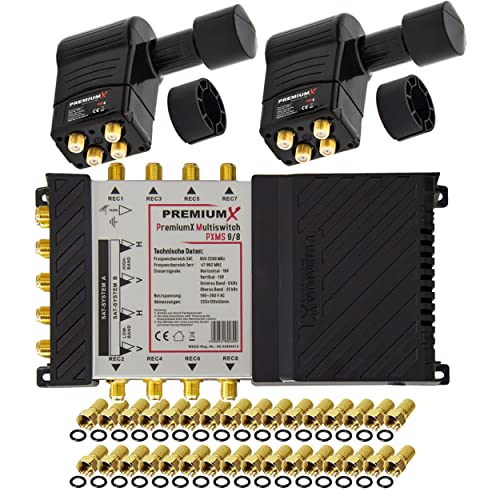 Premium X Multischalter Set 9/8 Multiswitch 2X Rocket 3° Multifeed Quattro LNB 32x F-Stecker, Satverteiler 2 SAT für 8 Teilnehmer von Premium X