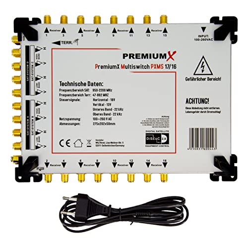 PremiumX PXMS 17/16 Multischalter mit Netzteil Multiswitch 4 SAT für 16 Teilnehmer Satverteiler Digital HDTV FullHD 4K UHD 8K PremiumX PXMS 17/16 Multischalter mit Netzteil Multiswitch 4 SAT für 16 Teilnehmer Satverteiler Digital HDTV FullHD 4K UHD 8K von Premium X