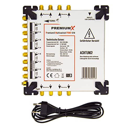 Premium X PXMS 17/8 Multischalter mit Netzteil Multiswitch 4 SAT für 8 Teilnehmer Satverteiler Digital HDTV FullHD 4K UHD 8K Premium X PXMS 17/8 Multischalter mit Netzteil Multiswitch 4 SAT für 8 Teilnehmer Satverteiler Digital HDTV FullHD 4K UHD 8K von Premium X