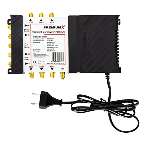 Premium X PXMS 5/6 Multischalter mit Netzteil Multiswitch 1 SAT für 6 Teilnehmer Satverteiler Digital HDTV FullHD 4K UHD 8K Premium X PXMS 5/6 Multischalter mit Netzteil Multiswitch 1 SAT für 6 Teilnehmer Satverteiler Digital HDTV FullHD 4K UHD 8K von Premium X