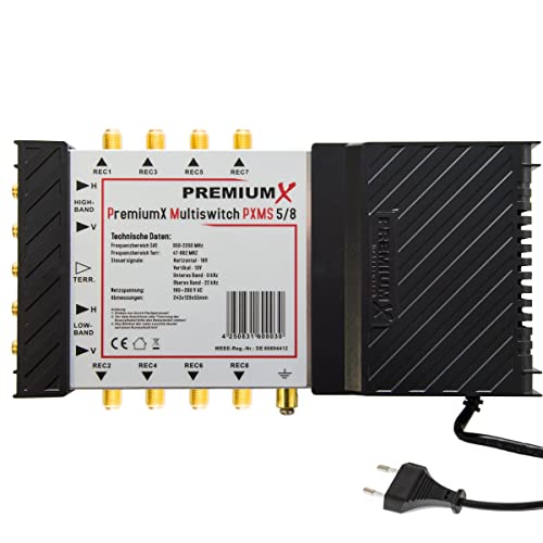 PremiumX PXMS 5/8 Multischalter mit Netzteil Multiswitch 1 SAT für 8 Teilnehmer Satverteiler Digital HDTV FullHD 4K UHD 8K von Premium X