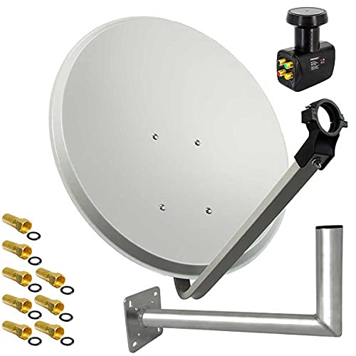 Premium X SAT Anlage 45cm Hellgrau Satelliten-Antenne Stahl Satellitenschüssel Quad LNB Wandhalter 45cm F-Stecker bis 4 Teilnehmer von Premium X