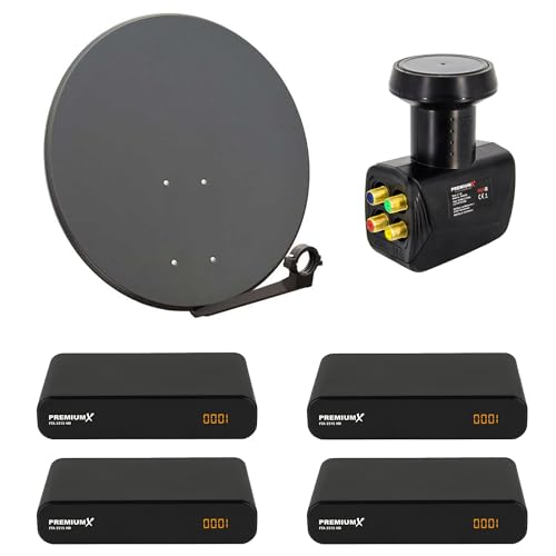 Premium X Satelliten-Komplettanlage 4 Teilnehmer 80cm Satellitenschüssel SAT Quad LNB 4X HDTV Digital Receiver inkl. HDMI-Kabel von Premium X