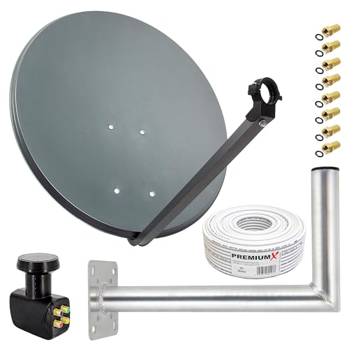 Premium X Satelliten-Komplettanlage 80cm Antenne Anthrazit Quad LNB 50m Kabel 8X F-Stecker Wandhalter 45cm, SAT bis 4 Teilnehmer von Premium X