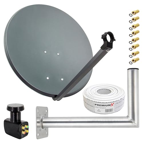 Premium X Satelliten-Komplettanlage 80cm Antenne Anthrazit Quad LNB 50m Kabel 8X F-Stecker Wandhalter 45cm, SAT bis 4 Teilnehmer von Premium X