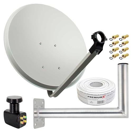 Premium X Satelliten-Komplettanlage 80cm Satellitenschüssel Aluminium Quad LNB Kabel 50m Wandhalter 45cm, SAT bis 4 Teilnehmer von Premium X