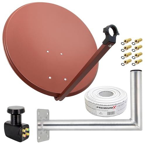 Premium X Satelliten-Komplettanlage 80cm Satellitenschüssel Aluminium Rot Quad LNB Kabel 50m Wandhalter 45cm, SAT bis 4 Teilnehmer von Premium X