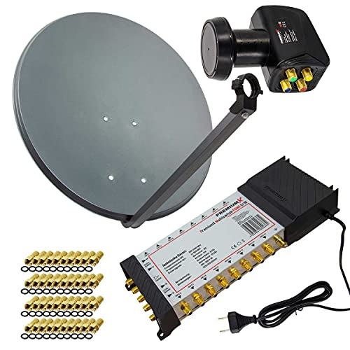 Premium X Satelliten-Komplettanlage 80cm Satellitenschüssel Anthrazit 5/16 Multischalter Quattro LNB 40x F-Stecker, 1 SAT 16 Teilnehmer von Premium X