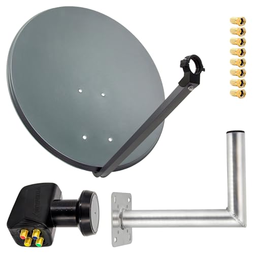 Premium X Satelliten-Komplettanlage 80cm Satellitenschüssel Anthrazit Quad LNB 8X F-Stecker Wandhalter 35cm, 1 SAT bis 4 Teilnehmer von Premium X