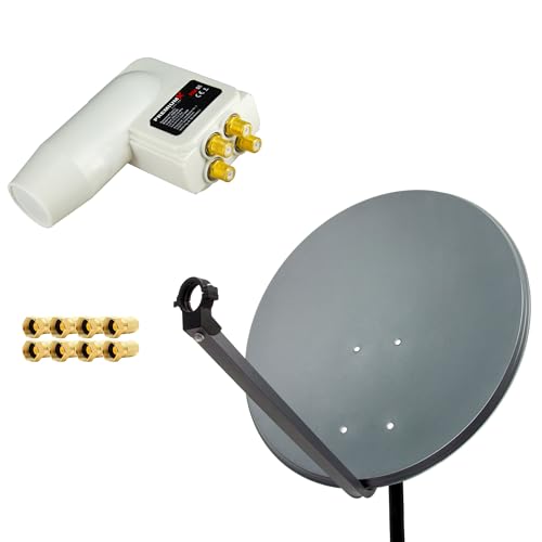 Premium X Satelliten-Komplettanlage 80cm Satellitenschüssel Anthrazit TV Satellitenantenne Quad LNB 8 F-Stecker, 1 SAT für 4 Teilnehmer von Premium X