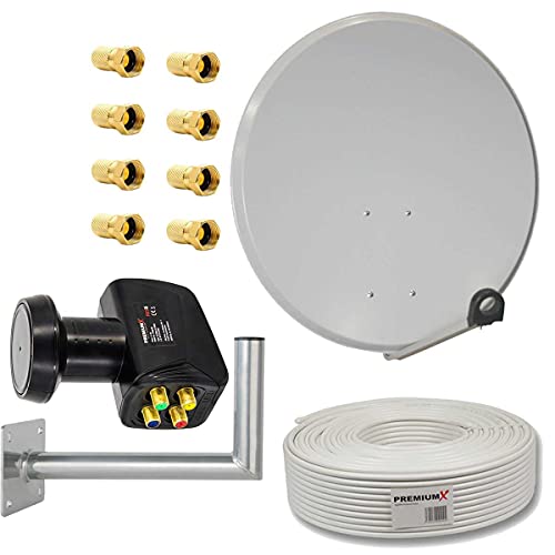 Premium X Satelliten-Komplettanlage 80cm Satellitenschüssel Hellgrau SAT Quad LNB 4 Teilnehmer Kabel 50m Stecker Wandhalter 45cm von Premium X