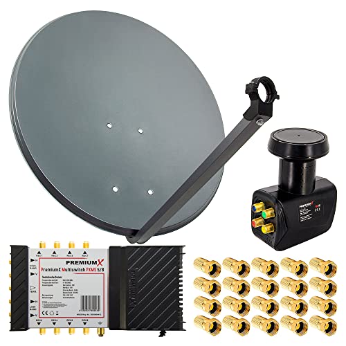 Premium X Satelliten-Komplettanlage 80cm Satellitenschüssel Multischalter 5/6 Quattro LNB 20x F-Stecker, 1 SAT für 6 Teilnehmer von Premium X