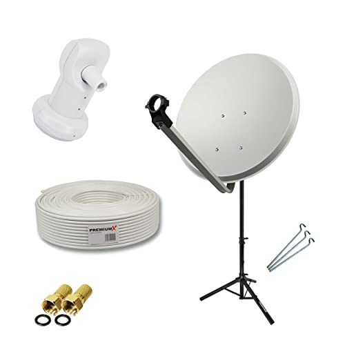 Premium X Satelliten-Komplettanlage 80cm Satellitenschüssel SAT Single LNB 10m Antennenkabel 2X F-Stecker Dreibein-Stativ von Premium X