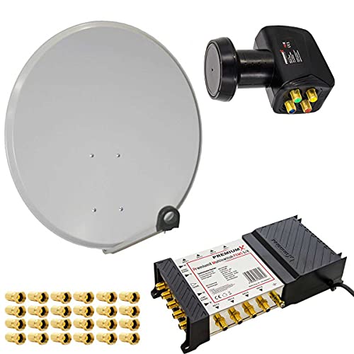 Premium X Satelliten-Komplettanlage 80cm Satellitenschüssel Stahl Hellgrau Multischalter 5/8 Quattro LNB 1 SAT für 8 Teilnehmer von Premium X