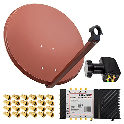 Premium X Satelliten-Komplettanlage 80cm Satellitenschüssel Ziegelrot Multischalter 5/8 Quattro LNB 24x F-Stecker, 1 SAT für 8 Teilnehmer von Premium X