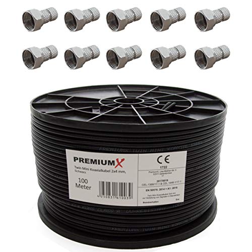 PremiumX 100 Meter Sat Koaxial Kabel 90dB Twin Mini 2X 4 mm Schwarz Antennenkabel + 10x PremiumX F-Stecker 4 mm von Premium X