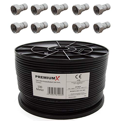 Premium X 100 Meter Sat Koaxial Kabel 90dB Twin Mini 2X 4 mm Schwarz Antennenkabel + 10x PremiumX F-Stecker 4 mm Premium X 100 Meter Sat Koaxial Kabel 90dB Twin Mini 2X 4 mm Schwarz Antennenkabel + 10x PremiumX F-Stecker 4 mm von Premium X