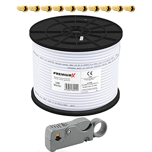 PremiumX 100m Basic Koaxialkabel 135dB 4-Fach SAT Antennenkabel Koax-Kabel RG6 Satellitenkabel Entmanteler 10x F-Stecker 0,37 EUR/m von Premium X