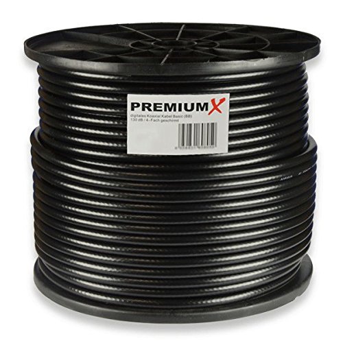 PremiumX 100m Basic Koaxialkabel schwarz 135dB 4-Fach CCS Koaxkabel Antennenkabel Digital SAT TV Kabel RG6 Class A von Premium X