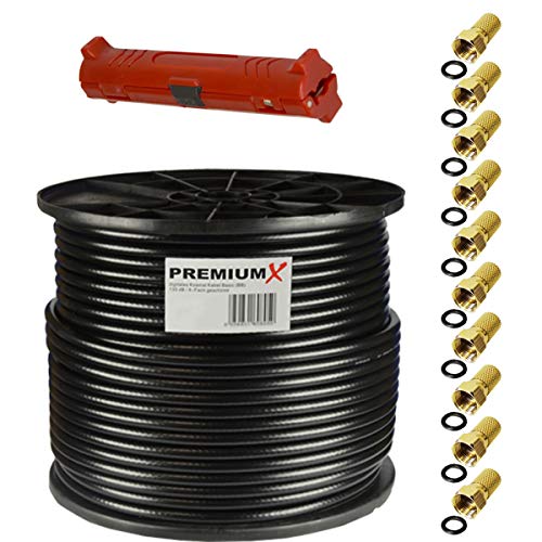 PremiumX 100m Basic Koaxialkabel schwarz 135dB 4-Fach SAT TV Koax-Kabel Antennenkabel Entmanteler 10x F-Stecker 0,36 EUR/m von Premium X