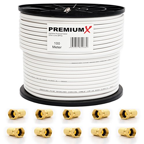 PremiumX 100m Basic PRO Gold-Line Koaxial Kabel 135dB 5-Fach geschirmt SAT Antennenkabel 10x F-Stecker von Premium X