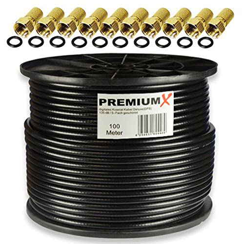 Premium X 100m Deluxe PRO Koaxialkabel Schwarz 135dB 5-Fach geschirmt reines Kupfer SAT Antennenkabel 10x F-Stecker von Premium X