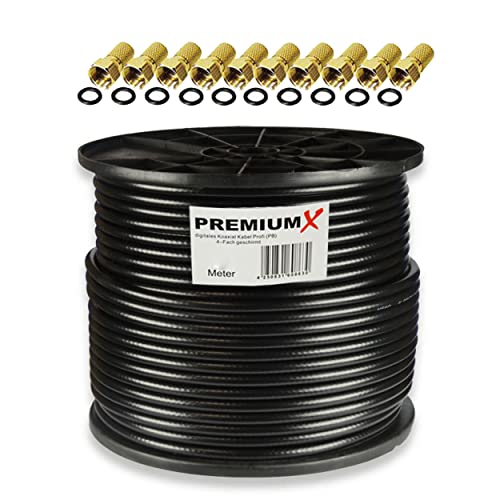 Premium X 100m PROFI Koaxialkabel Schwarz 135dB 4-fach REINES KUPFER Koax Kabel Satellitenkabel SAT Antennenkabel 10x F-Stecker von Premium X