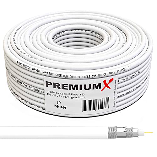 PremiumX 10m Basic Koaxialkabel 135dB 4-Fach geschirmt CCS Kupfer-Stahl Koax-Kabel RG6 SAT TV Antennenkabel von Premium X