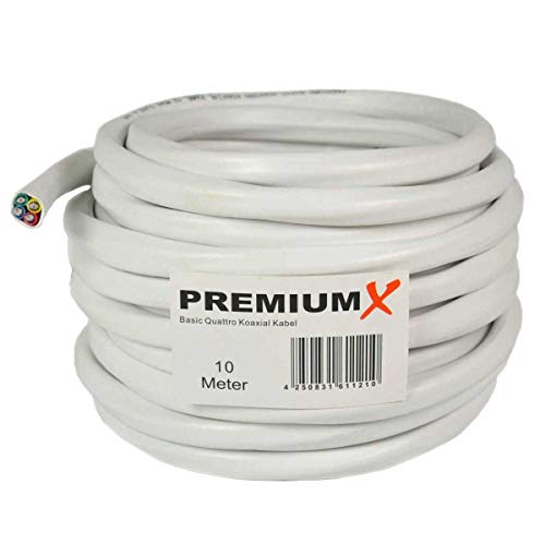 PremiumX 10m Basic Quattro Quad Koaxial SAT Kabel 90dB 2-Fach geschirmt Antennenkabel 4in1 Koaxialkabel Weiß inkl. 8X F-Stecker von Premium X