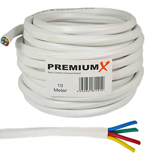 PremiumX 10m Basic Quattro Quad Koaxial SAT Kabel 90dB 2-Fach geschirmt Antennenkabel 4in1 Koaxialkabel Weiß von Premium X