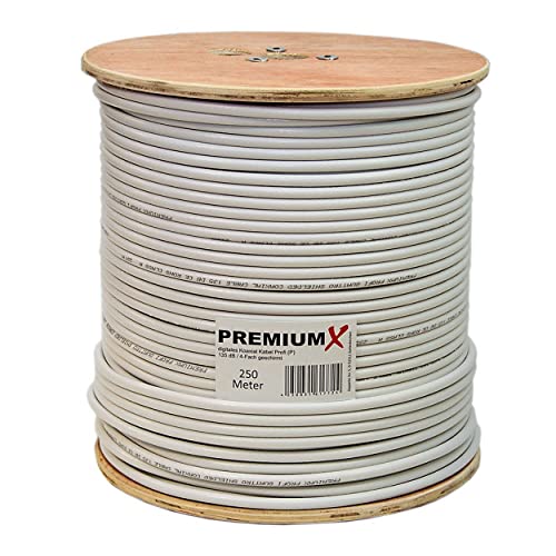 Premium X 250m Profi digitales Koaxialkabel 135 dB 4-Fach geschirmt CU reines Kupfer Satelliten Koaxkabel Antennenkabel Digital SAT TV KoaX RG6 Class A auf Holz-Trommel 250 m von Premium X