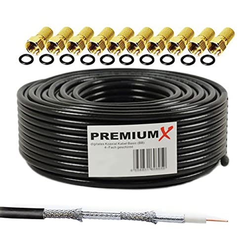 PremiumX 25m Basic Koaxialkabel schwarz 135dB 4-Fach geschirmt CCS SAT TV Koax Antennenkabel Satelliten-Kabel 10x F-Stecker von Premium X