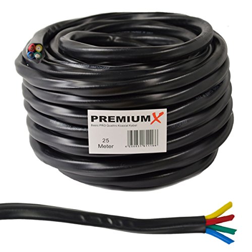 PremiumX 25m Basic PRO Quattro Quad Koaxial SAT Kabel 90dB 2-Fach geschirmt Antennenkabel 4in1 Koaxialkabel Schwarz von Premium X