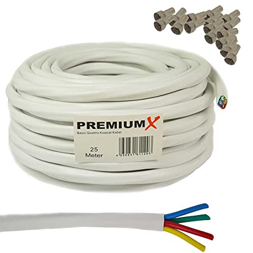 PremiumX 25m Basic Quattro Quad Koaxial SAT Kabel 90dB 2-Fach geschirmt Antennenkabel 4in1 Koaxialkabel Weiß inkl. 16x F-Stecker (1,16EUR/M) von Premium X