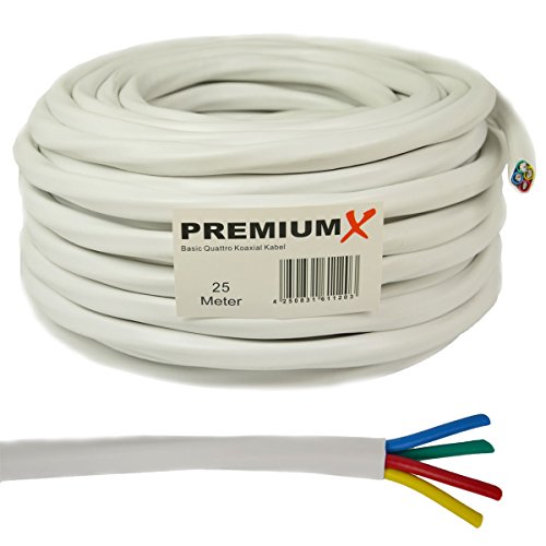 Premium X 25m Basic Quattro Quad Koaxial SAT Kabel 90dB 2-Fach geschirmt Antennenkabel 4in1 Koaxialkabel Weiß von Premium X
