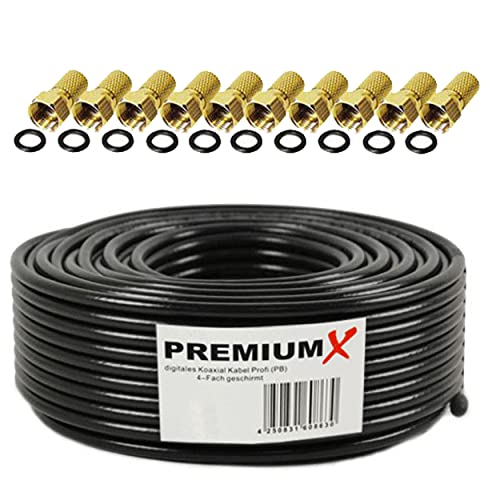 PremiumX 25m Profi Koaxialkabel Schwarz 135dB 4-Fach CU Kupfer Satelliten Koax-Kabel SAT Antennenkabel 10x F-Stecker von Premium X