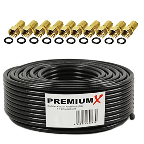 Premium X 25m PROFI Koaxialkabel Schwarz 135dB 4-fach CU KUPFER Satelliten Koax-Kabel SAT Antennenkabel 10x F-Stecker von Premium X