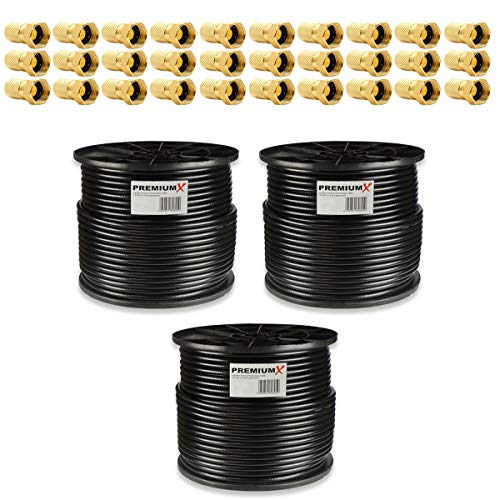 PremiumX 300m 3X 100m Basic Koaxialkabel schwarz 135dB 4-Fach SAT Antennenkabel Koax-Kabel RG6 Digital 30x F-Stecker 0,30 EUR/m von Premium X