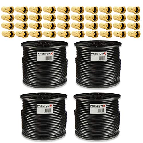 Premium X 400m 4X 100m Basic Koaxialkabel schwarz 135dB 4-Fach SAT Antennenkabel Koax-Kabel RG6 Digital 40x F-Stecker 0,27 EUR/m von Premium X