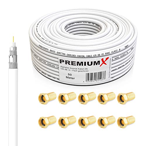 Premium X 50m BASIC Koaxialkabel 135dB 4-fach SAT Antennenkabel Koaxkabel DVB-S/S2 DVB-C DVB-T BK Anlage SAT-Kabel 10x F-Stecker von Premium X