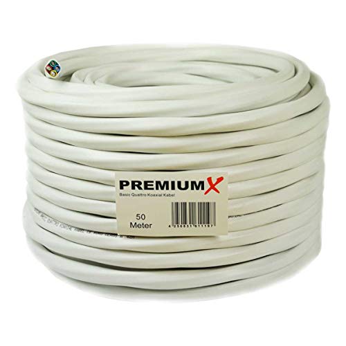 PremiumX 50m Basic Quattro Quad Koaxial SAT Kabel 90dB 2-Fach geschirmt Antennenkabel 4in1 Koaxialkabel Weiß inkl. 24x F-Stecker von Premium X